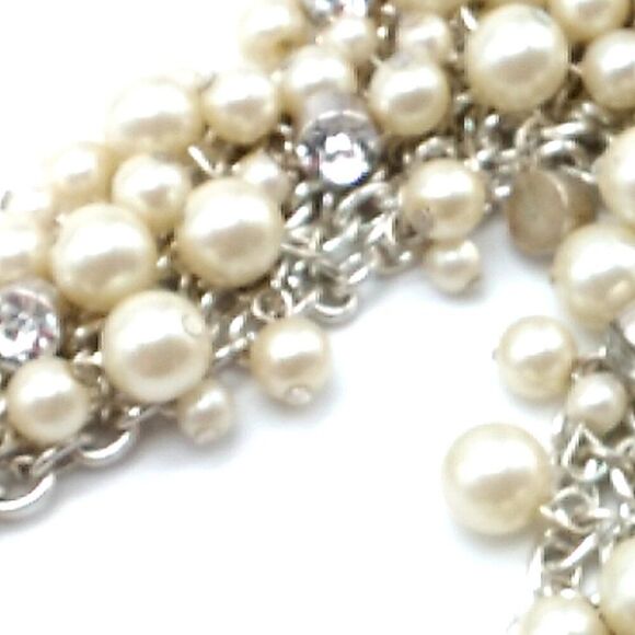 Rhinestone & Faux Pearl Cluster Bib Necklace on Silver-tone Chain - Picture 11 of 15